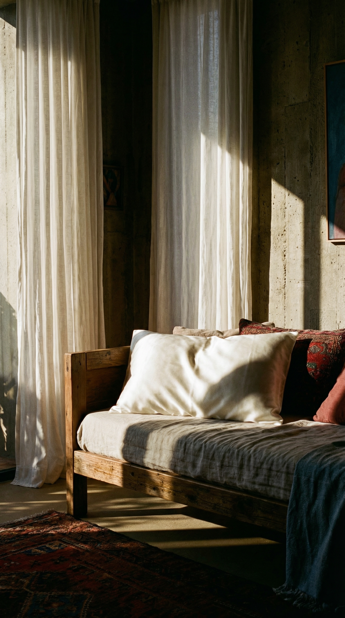 Rustic sofa with plush pillows in soft sunlight through sheer curtains