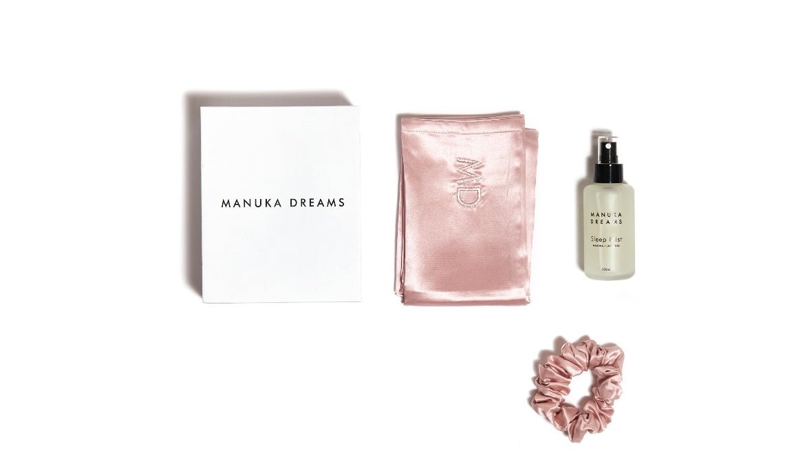 PAMPER SET - One Pure Blush Pink Silk Pillowcase, One Manuka Lavender Sleep Mist & One Pure Silk Scrunchie - Manuka Dreams