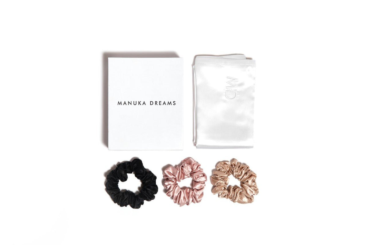 SILK DREAMS - One Pure Silk Pillowcase & Three Large Pure Silk Scrunchies - Manuka Dreams