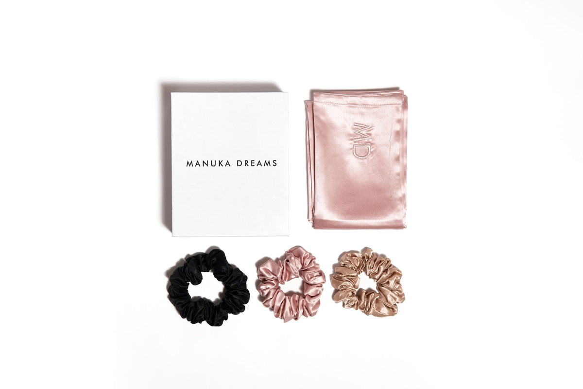 SILK DREAMS - One Pure Silk Pillowcase & Three Large Pure Silk Scrunchies - Manuka Dreams