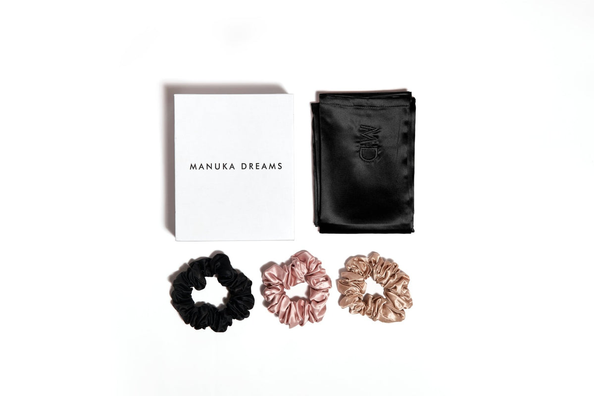 SILK DREAMS - One Pure Silk Pillowcase & Three Large Pure Silk Scrunchies - Manuka Dreams
