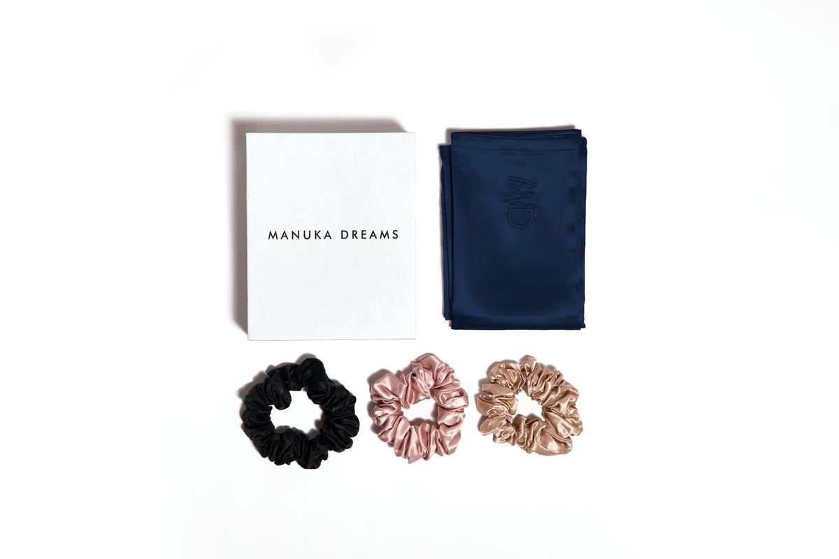 SILK DREAMS - One Pure Silk Pillowcase & Three Large Pure Silk Scrunchies - Manuka Dreams