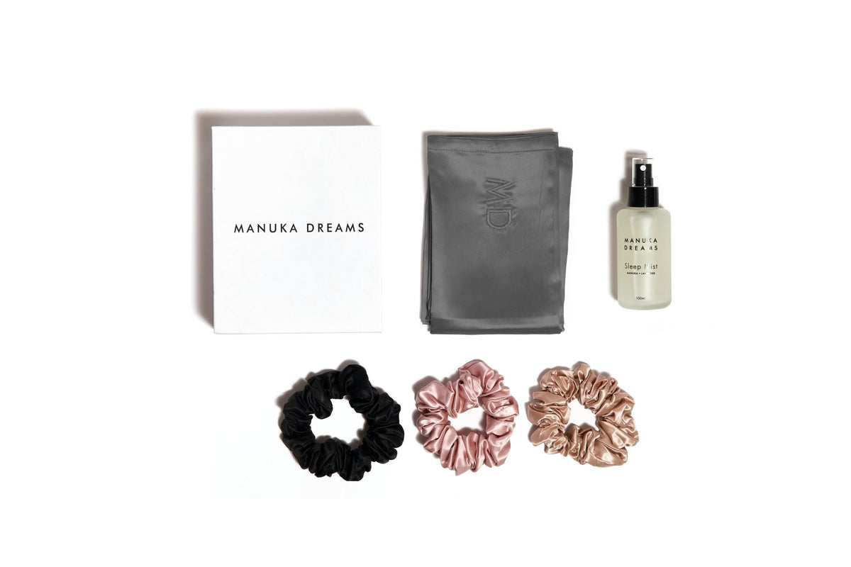 THE SIGNATURE SLEEP SET WITH THREE SILK SCRUNCHIES - One Pure Silk Pillowcase, One Manuka Lavender Sleep Mist & Three Large Pure Silk Scrunchies - Manuka Dreams