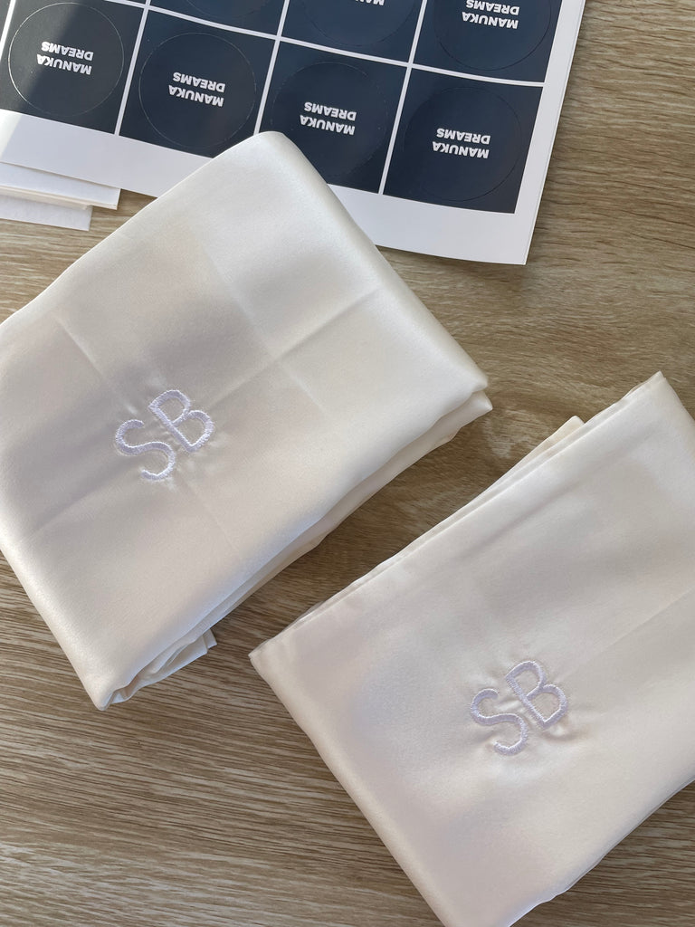 Personalised monogram silk pillowcase gift set 