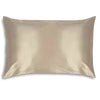 Beige satin pillowcase on clean white background with smooth texture