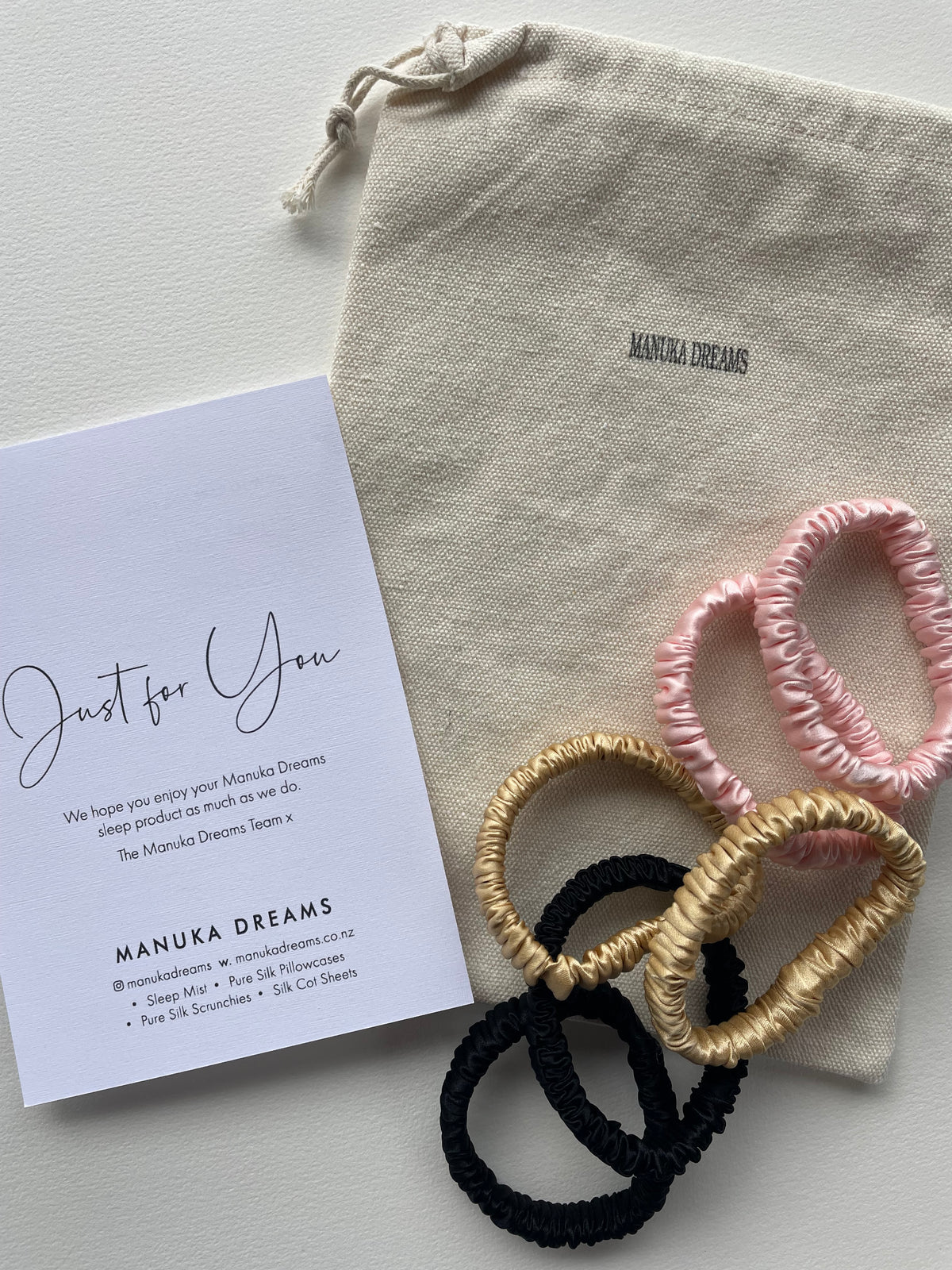 Manuka Dreams pouch with silk scrunchies and Just for You card