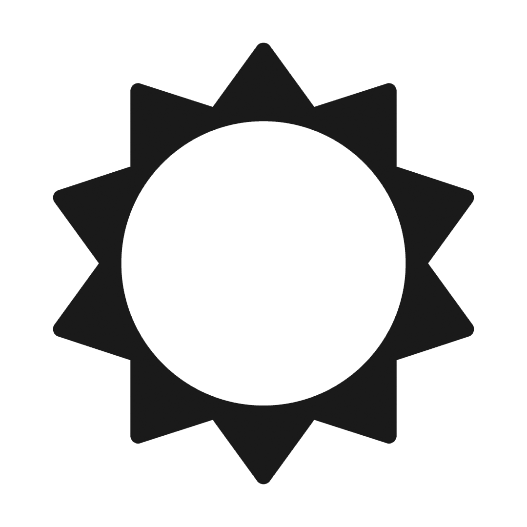 Minimalist black sun icon with sharp rays on dark background