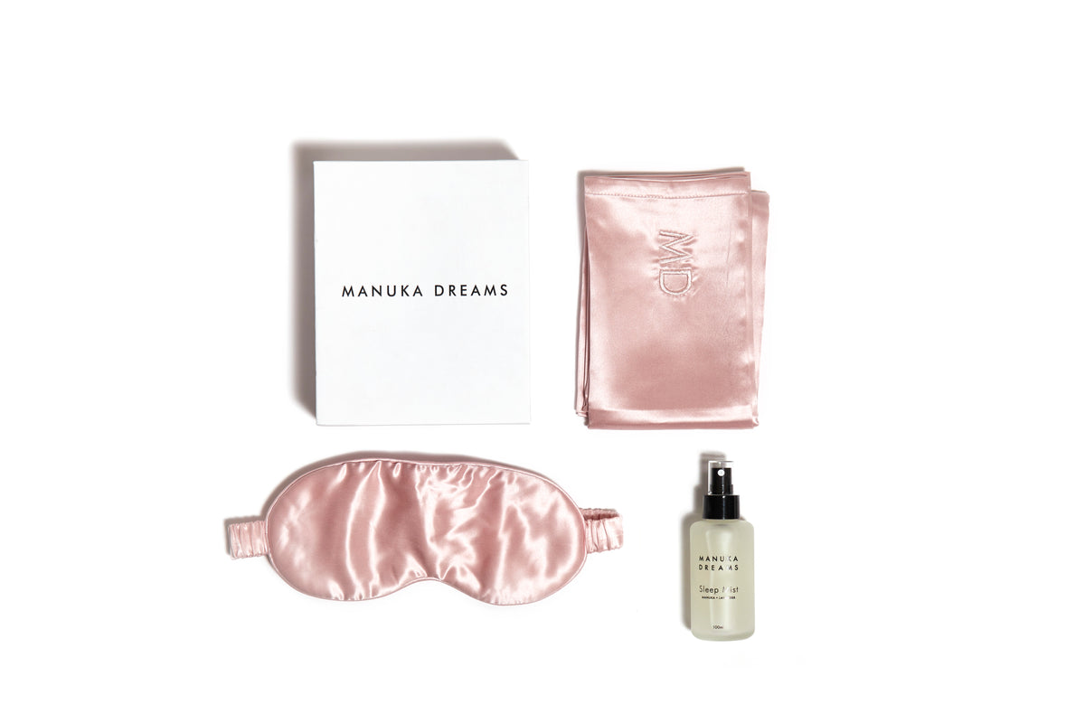 Pink Silk pillowcase and pink silk eye mask sleep mist set. Pillowcase for healthy hair, anti-aging, hydrating dry skin. Blackout eye mask.