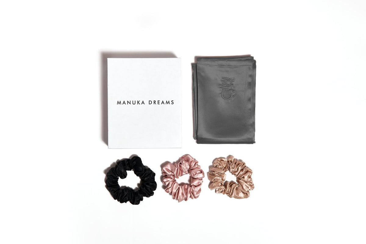 SILK DREAMS - One Pure Silk Pillowcase & Three Large Pure Silk Scrunchies - Manuka Dreams