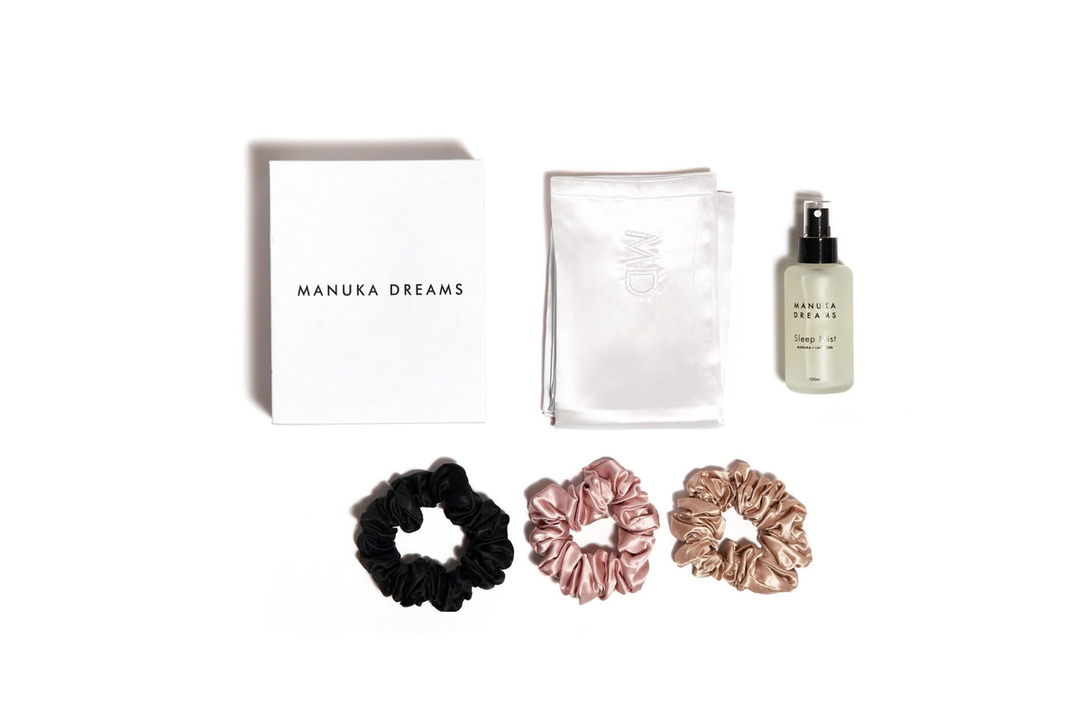 THE SIGNATURE SLEEP SET WITH THREE SILK SCRUNCHIES - One Pure Silk Pillowcase, One Manuka Lavender Sleep Mist & Three Large Pure Silk Scrunchies - Manuka Dreams