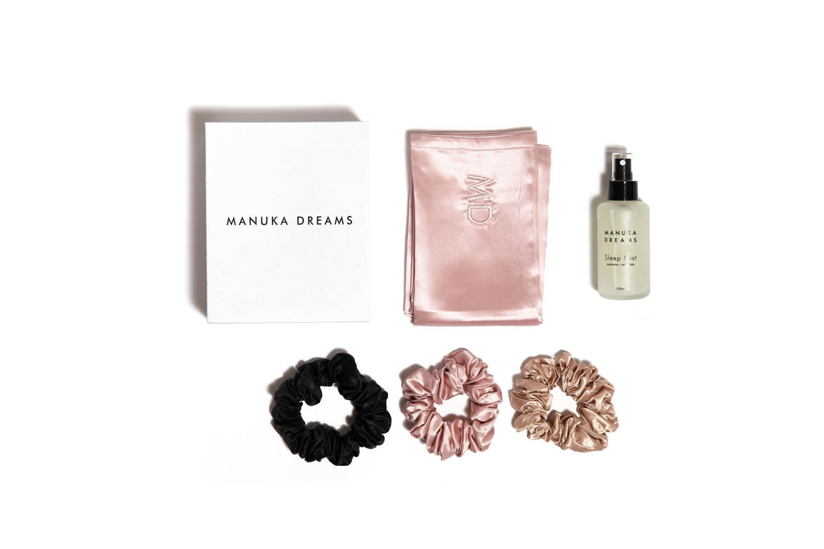 THE SIGNATURE SLEEP SET WITH THREE SILK SCRUNCHIES - One Pure Silk Pillowcase, One Manuka Lavender Sleep Mist & Three Large Pure Silk Scrunchies - Manuka Dreams