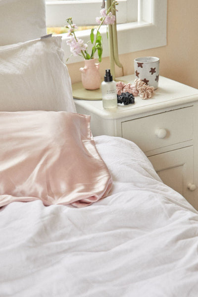 THE SIGNATURE SLEEP SET WITH THREE SILK SCRUNCHIES - One Pure Silk Pillowcase, One Manuka Lavender Sleep Mist & Three Large Pure Silk Scrunchies In Gift Box